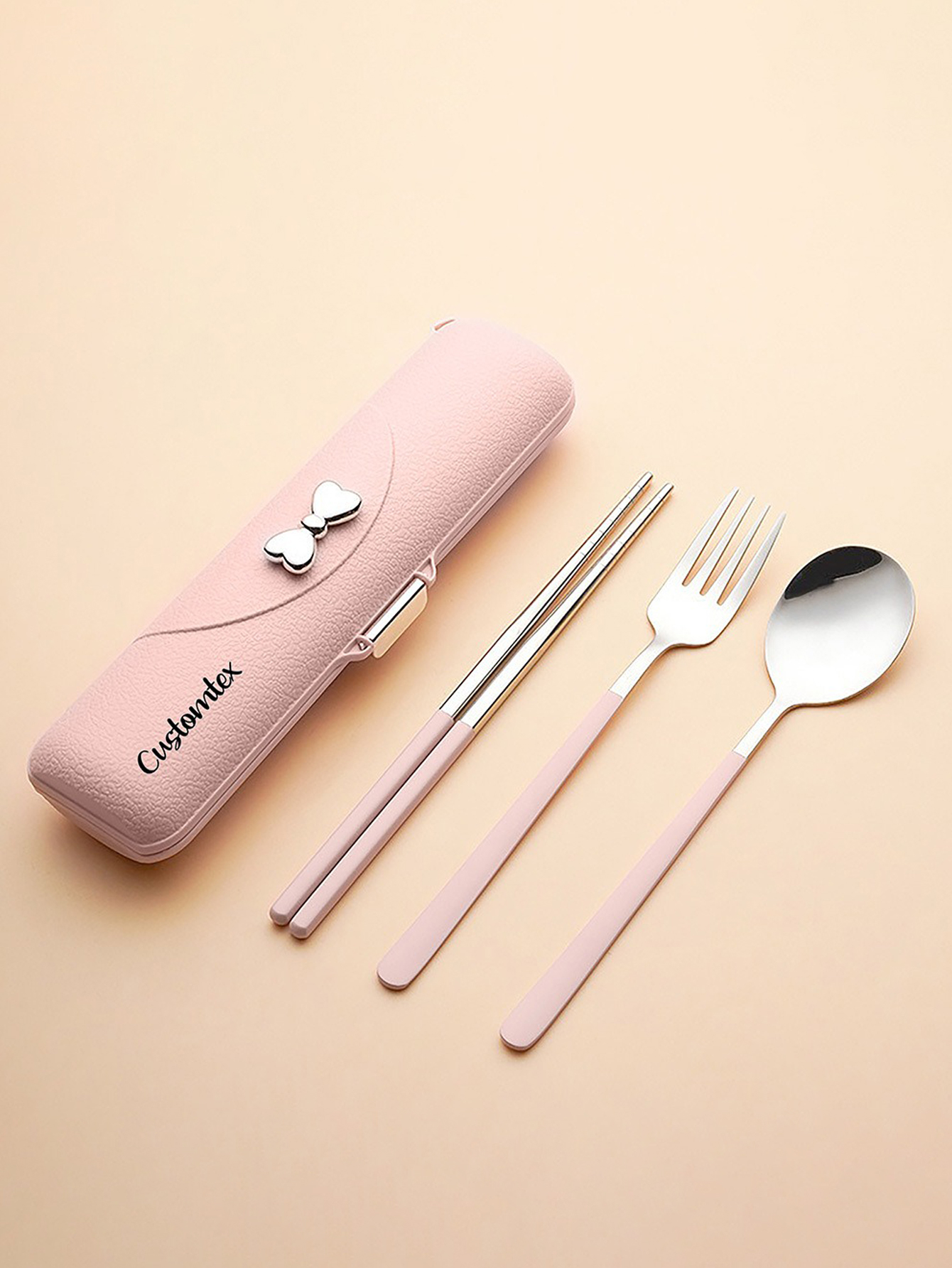 ustom Text Bow Portable Cutlery Set - Stainless Steel Spoon, Fork, and Chopsticks Trio with Plastic Handles, Includes Spoon, Fork, Chopsticks, and Storage Case